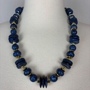 Vintage Blue Gold Beaded Necklace Boho 80s 24" Lightweight Costume‎ Jewelry